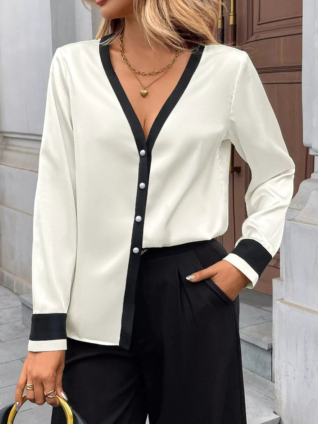 Contrast Trim V-Neck Blouse - RichDrip