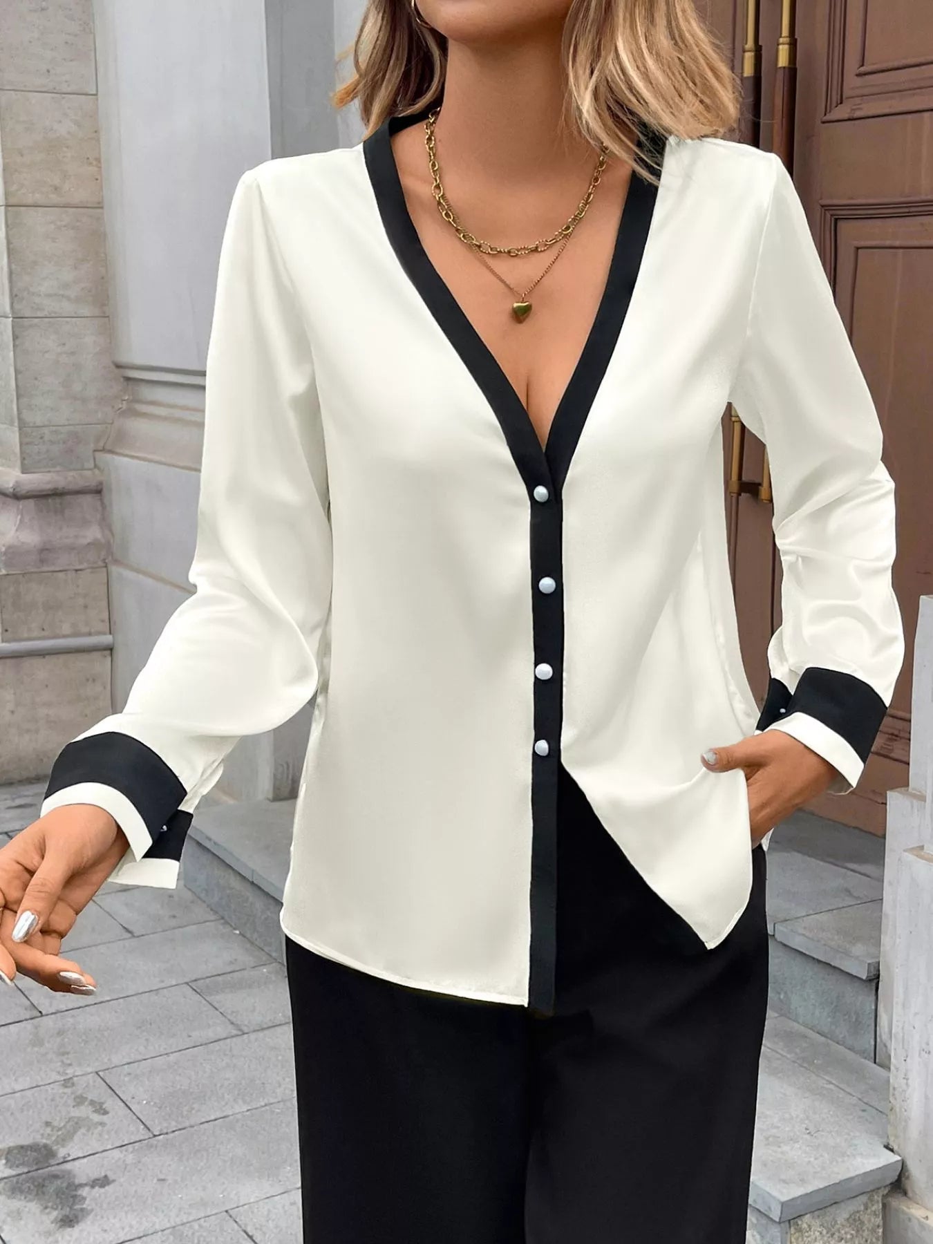 Contrast Trim V-Neck Blouse - RichDrip
