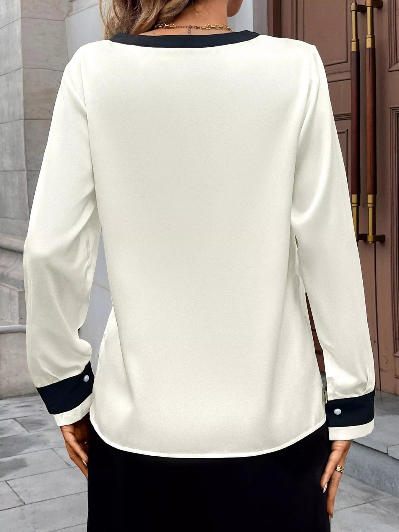 Contrast Trim V-Neck Blouse - RichDrip
