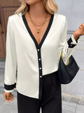 Contrast Trim V-Neck Blouse - RichDrip
