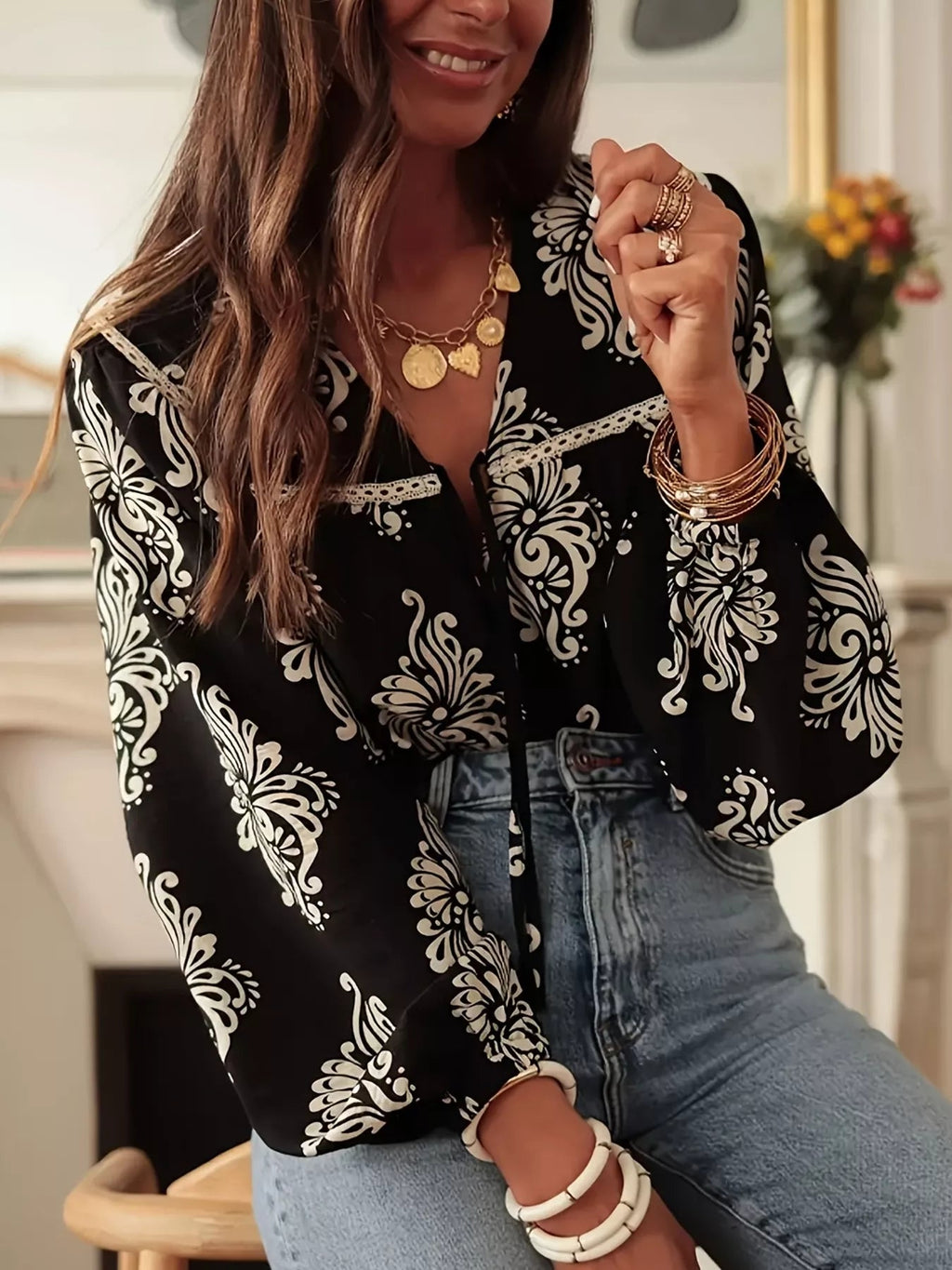 Floral Print Tie-Neck Blouse - RichDrip