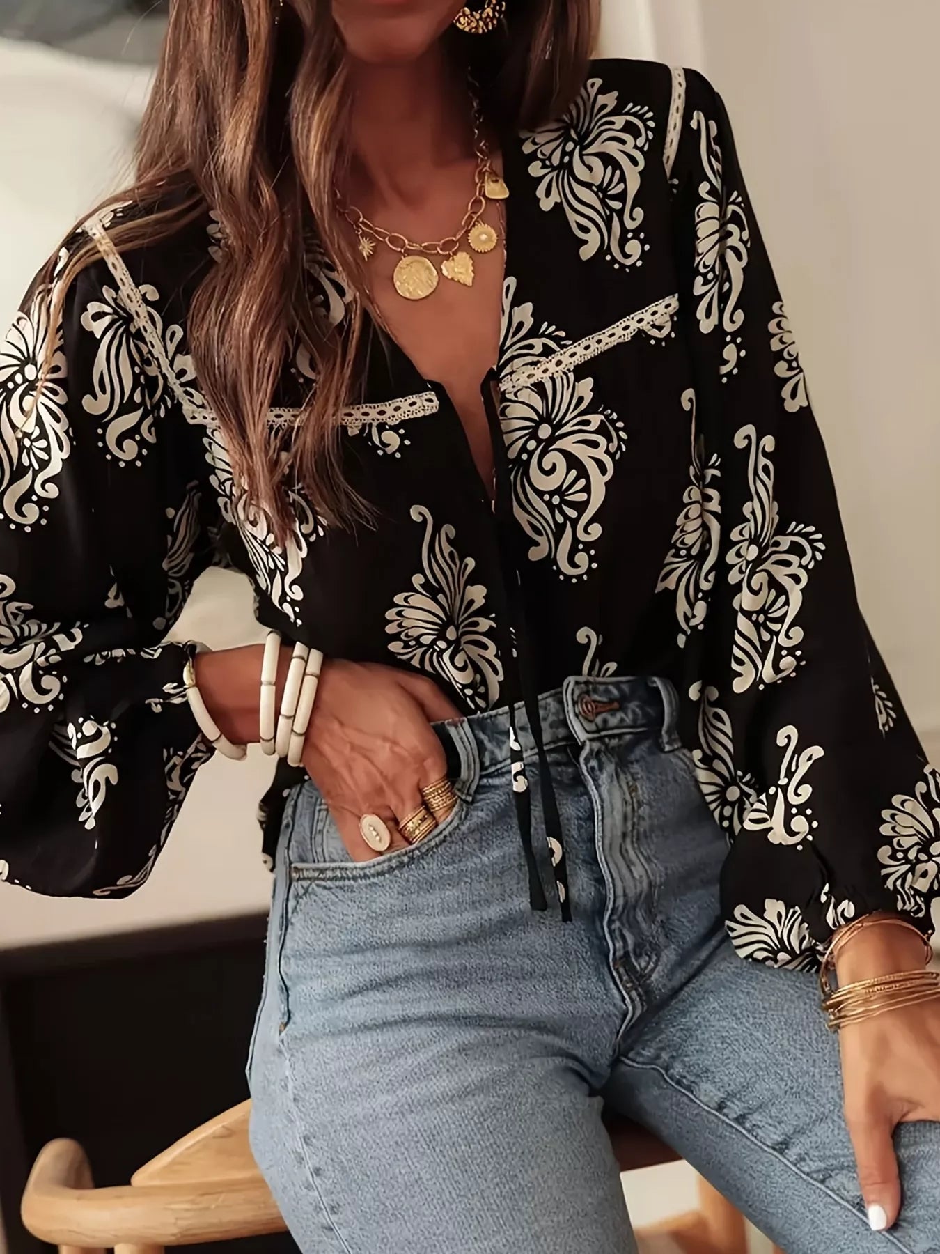 Floral Print Tie-Neck Blouse - RichDrip