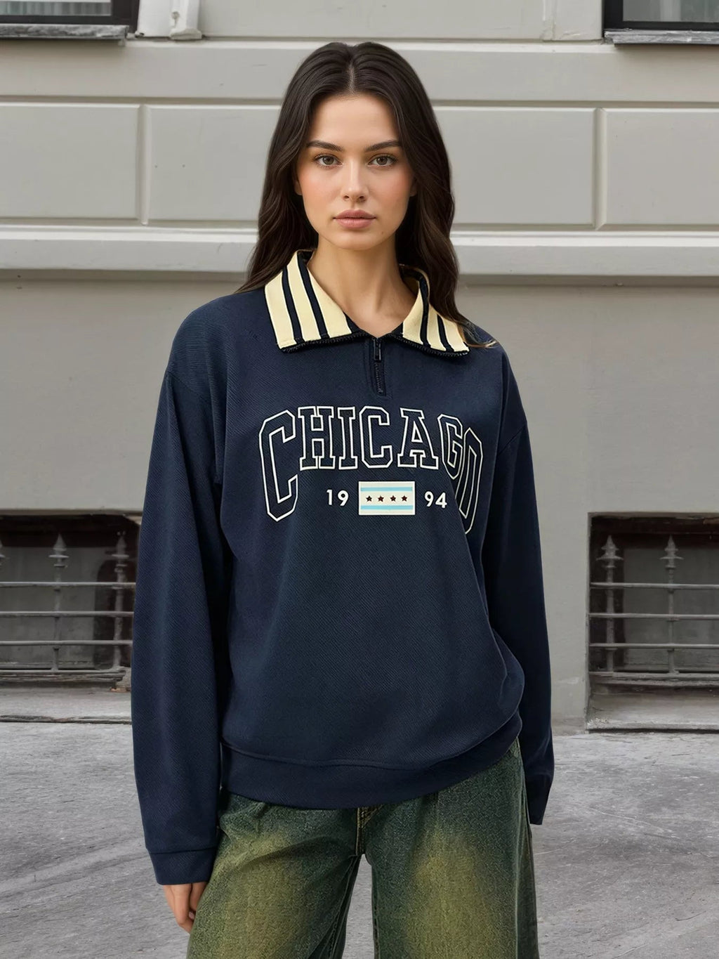 Graphic Sweatshirt with Striped Collar - RichDrip