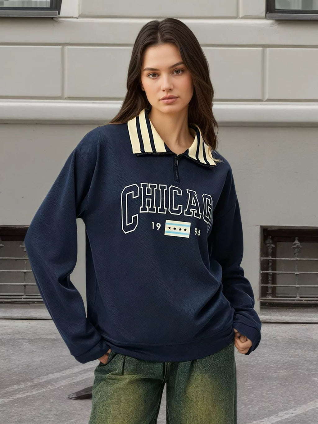 Graphic Sweatshirt with Striped Collar - RichDrip
