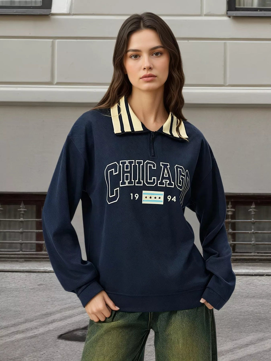 Graphic Sweatshirt with Striped Collar - RichDrip