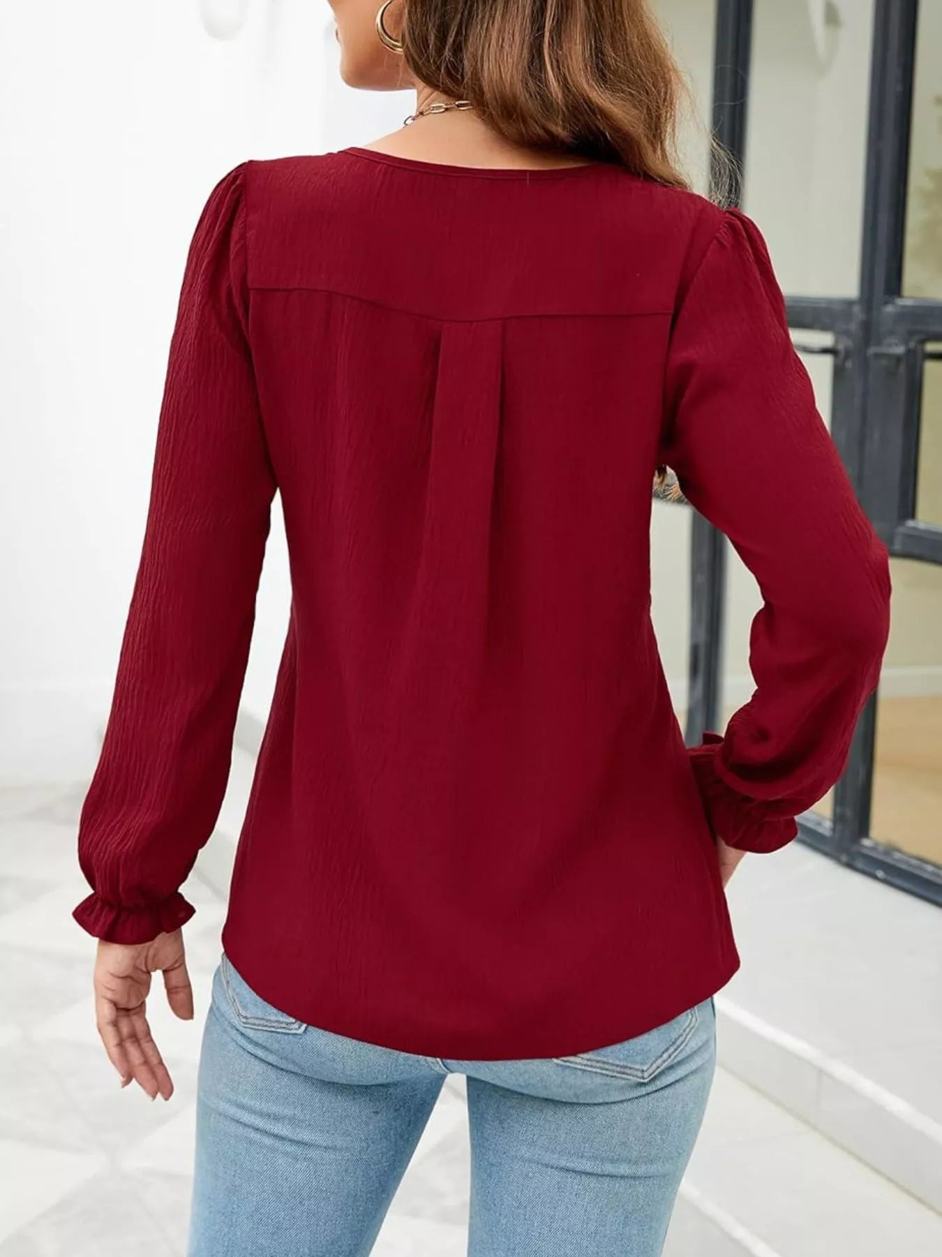 Notched Ruffle Cuff Blouse - RichDrip