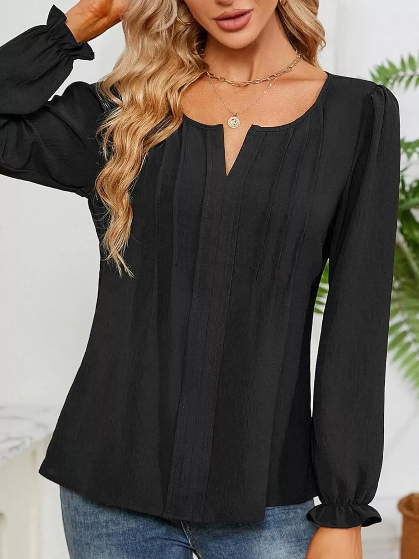 Notched Ruffle Cuff Blouse - RichDrip