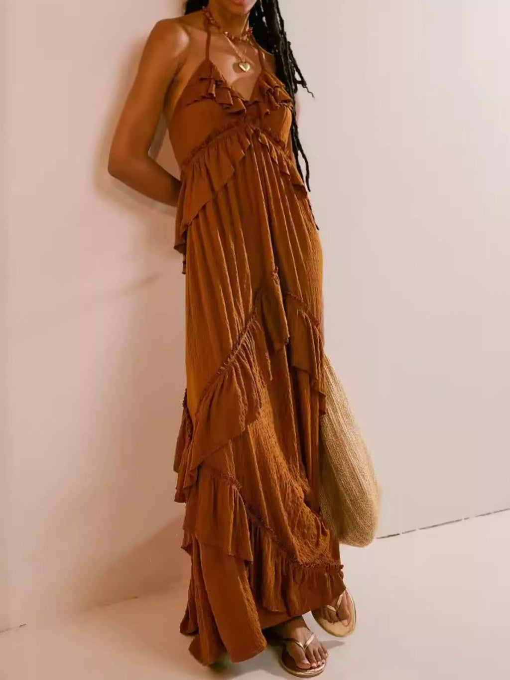 Ruffled Halter Neck Maxi Dress - RichDrip