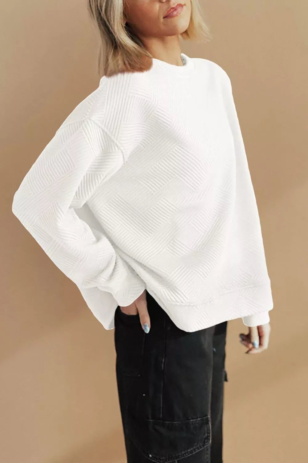 Textured Drop Shoulder Pullover Sweatshirt - RichDrip