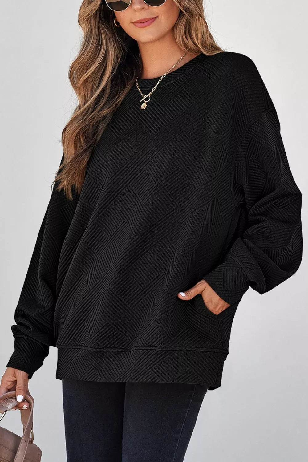 Textured Drop Shoulder Pullover Sweatshirt - RichDrip