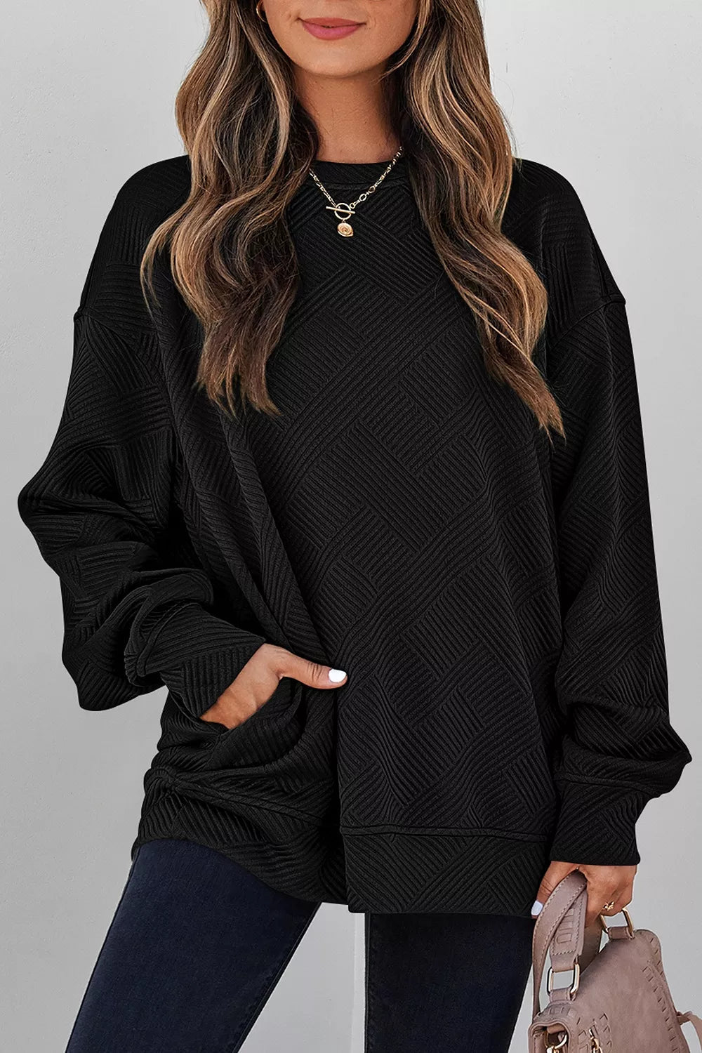Textured Drop Shoulder Pullover Sweatshirt - RichDrip