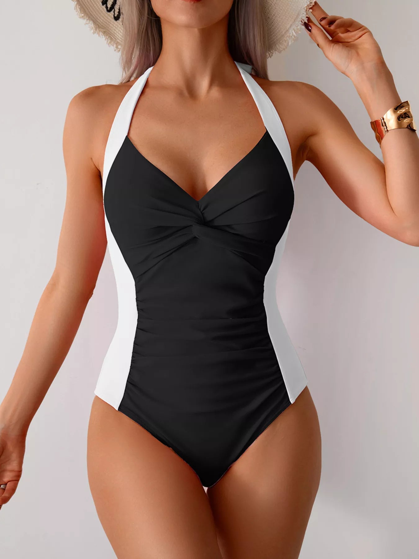 Twisted Front Halter Neck Ruched One-Piece Swimsuit - RichDrip